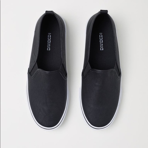 black faux leather slip on sneakers